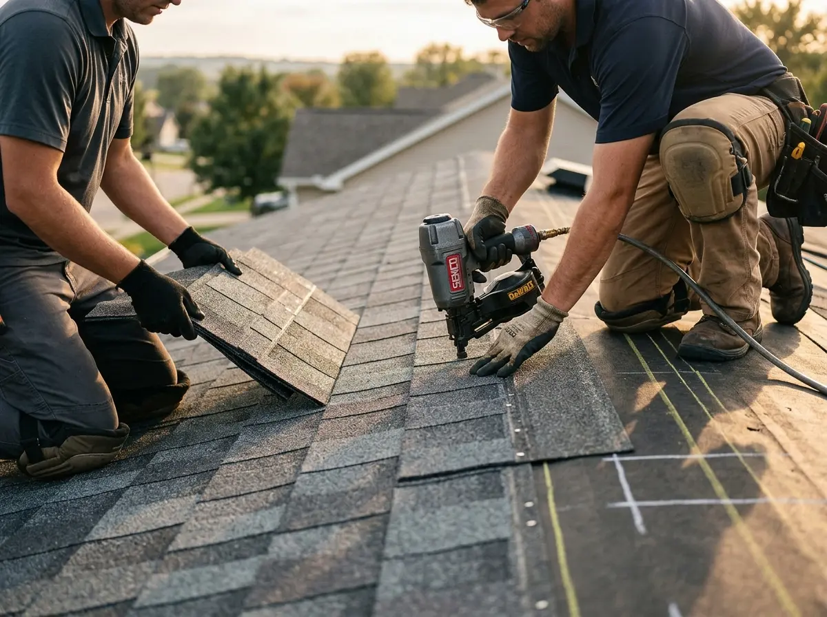 Professional roofer working on a residential roof in Lewisboro